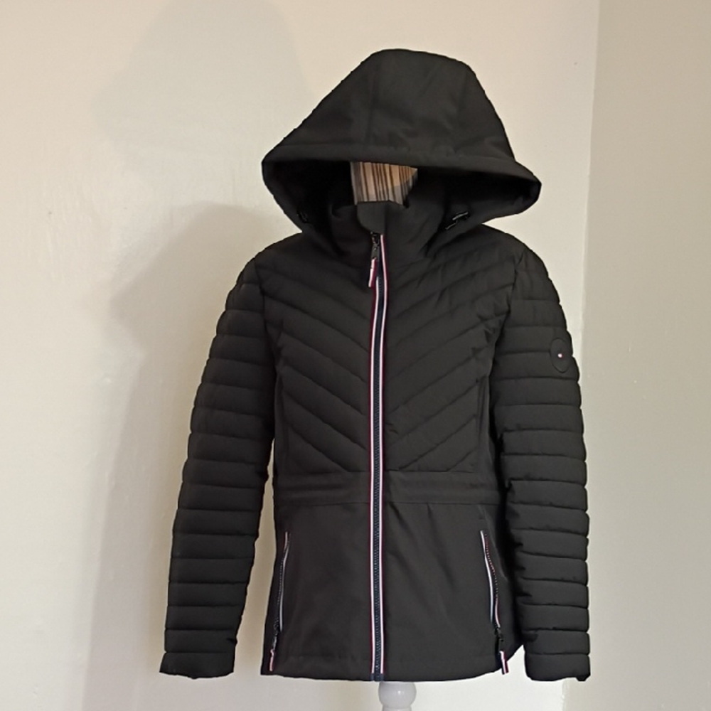 Tommy Hilfiger Black Logo Hooded Full Zip Jacket Red White Blue Zips Size M NEW